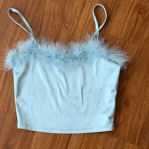 Sugar Thrillz Light Blue Feather Trim Crop Cami